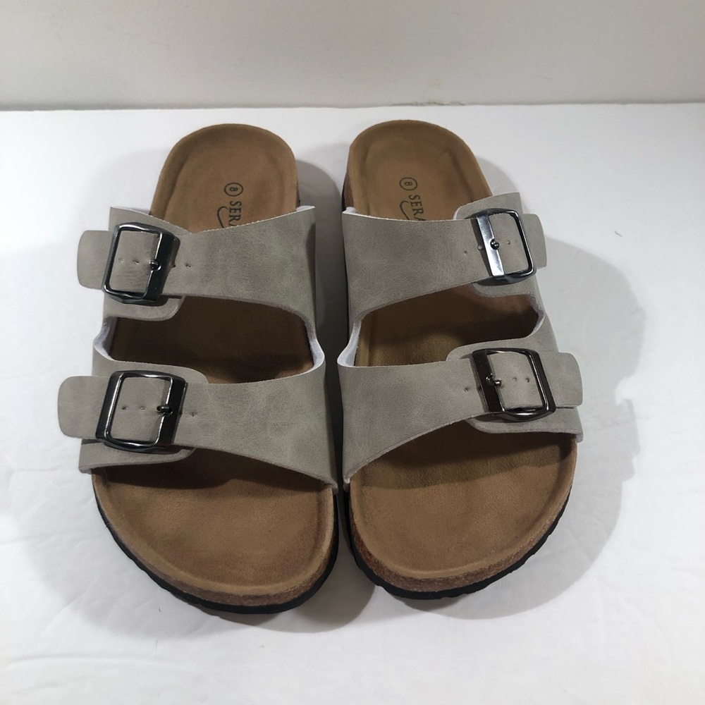 Seranoma Womens Slip On Flat Cork Comfort Footbed Buckle Sandal Size 8 Gray